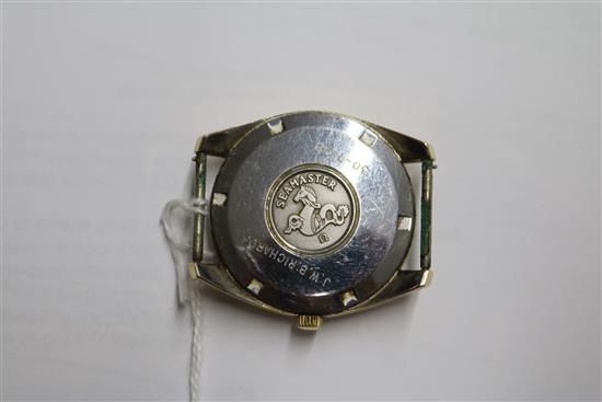 A gentlemans steel and gold plated Omega Seamaster automatic wrist watch, with day.date aperture, no strap, with Omega box.